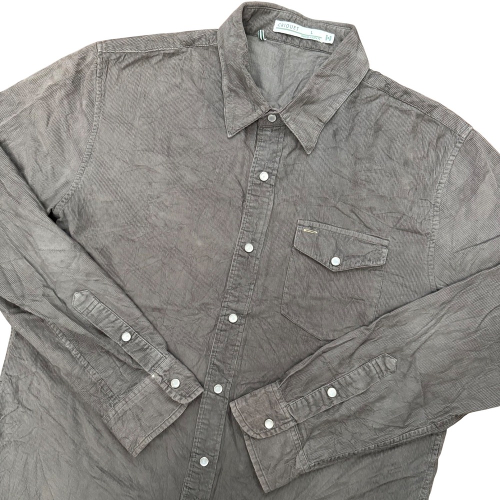 Criquet Corduroy Button Down Shirt Mens Large Gray Long Sleeve Pearl Snap Pocket